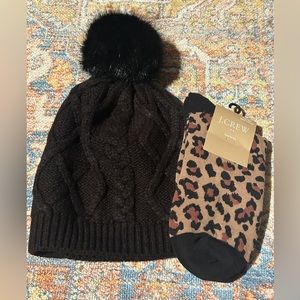 NWT - J Crew Factory Faux Fur Pom Pom Hat & Socks